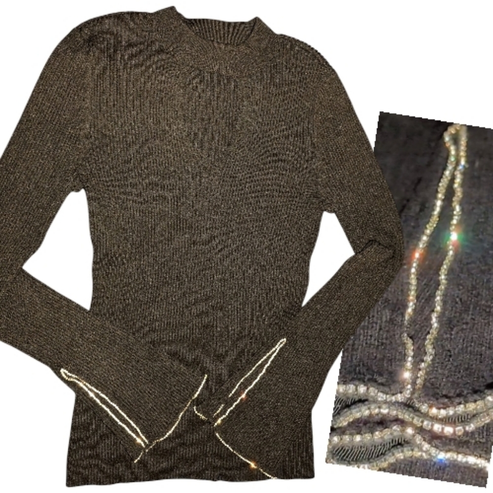 INC Bling Rhinestone Embellished Sleeve Detail Peephole Keyhole Cutout Ribbed - Picture 3 of 7